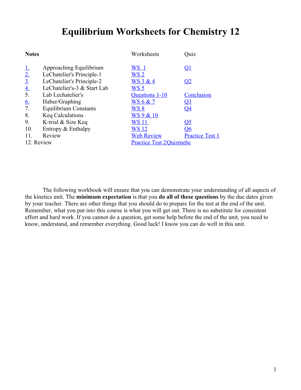 Equilibrium Worksheets for Chemistry 12