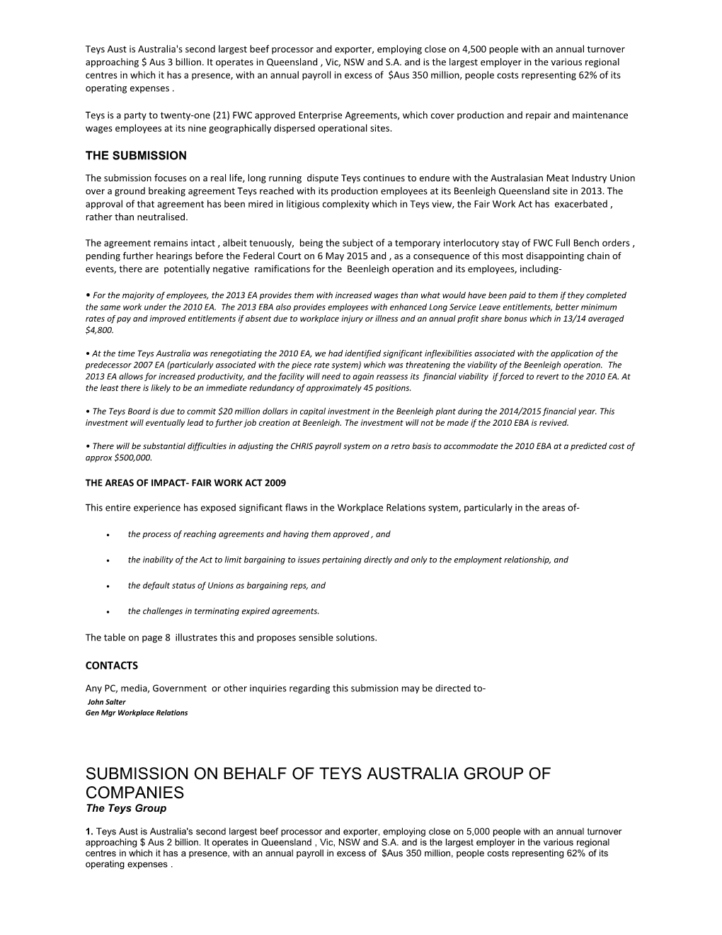 Submission 95 - Teys Australia - Workplace Relations Framework - Public Inquiry