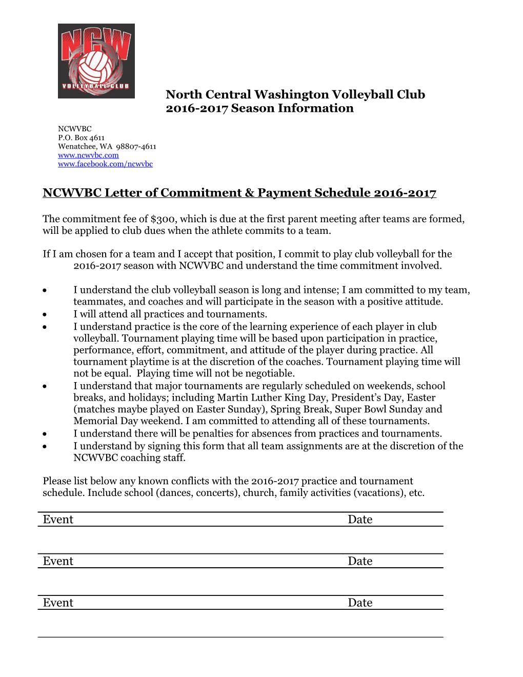 NCWVBC Letter of Commitment & Payment Schedule 2016-2017