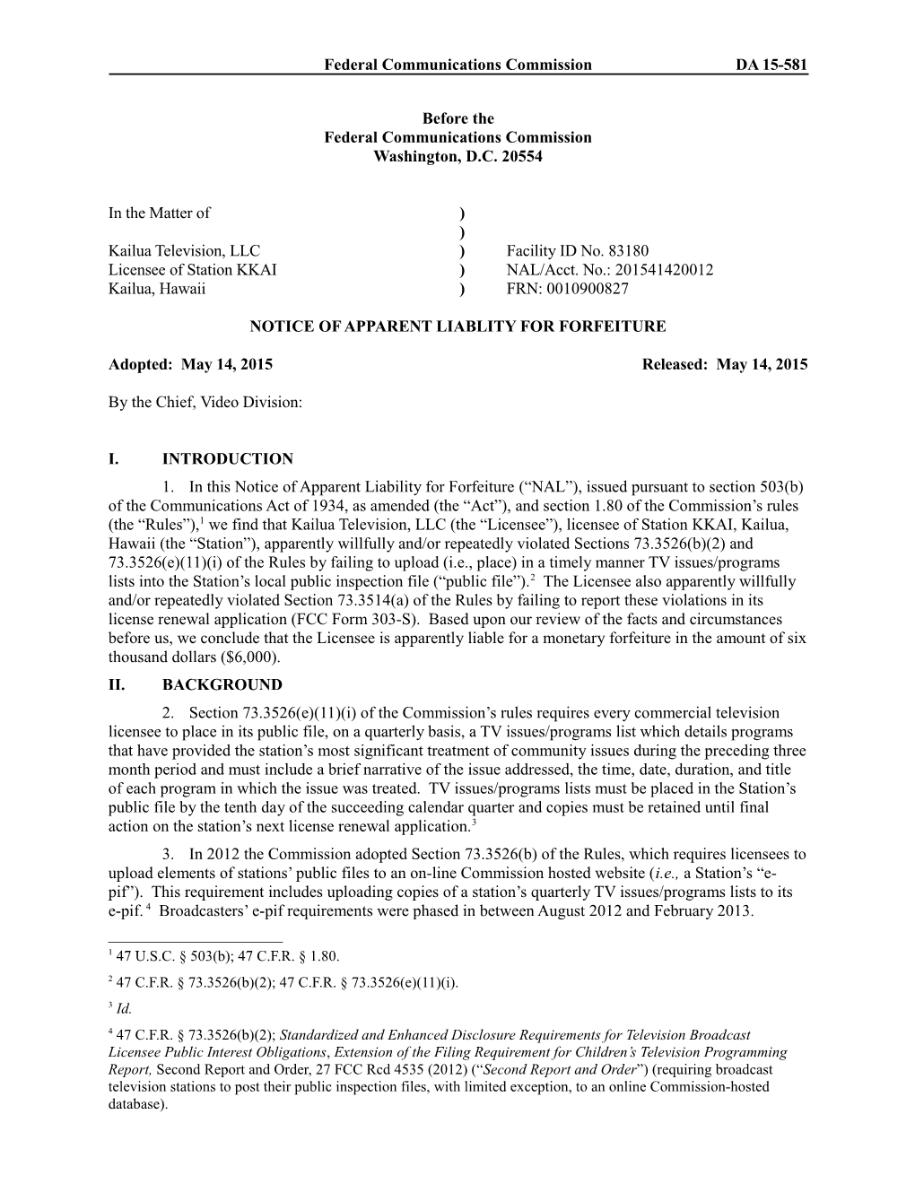 Notice of Apparent Liablity for Forfeiture