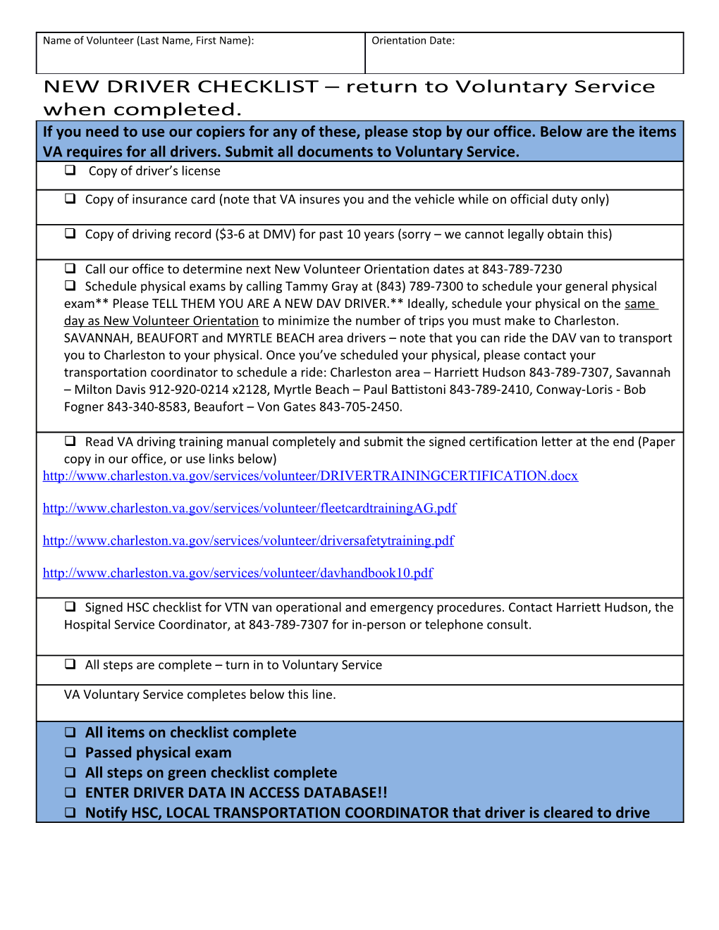 NEW DRIVER CHECKLIST Return to Voluntary Service When Completed