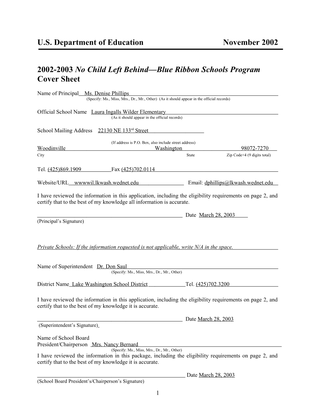 Laura Ingalls Wilder Elementary School 2003 No Child Left Behind-Blue Ribbon School (Msword)