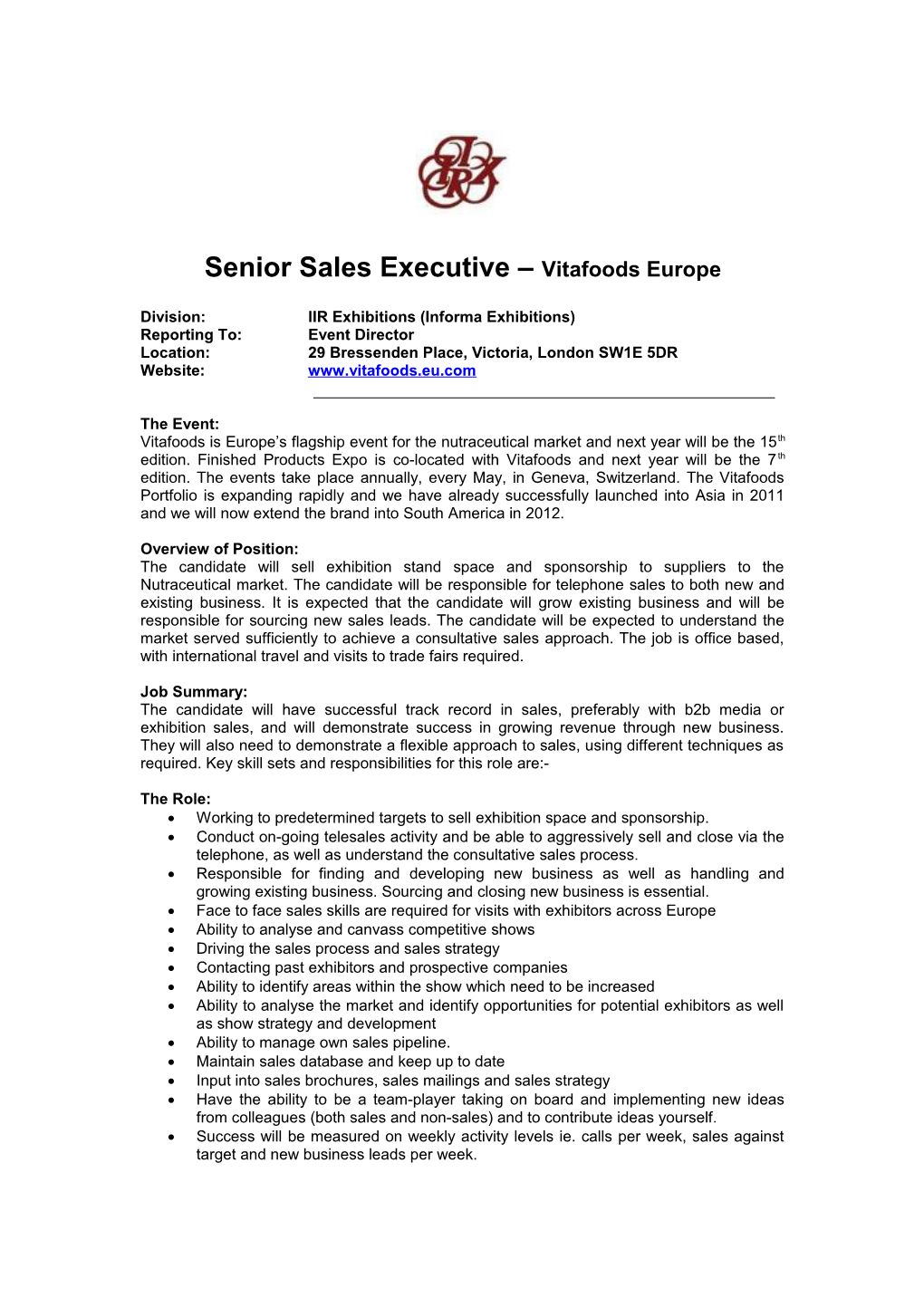 Senior Sales Executive Vitafoods Europe
