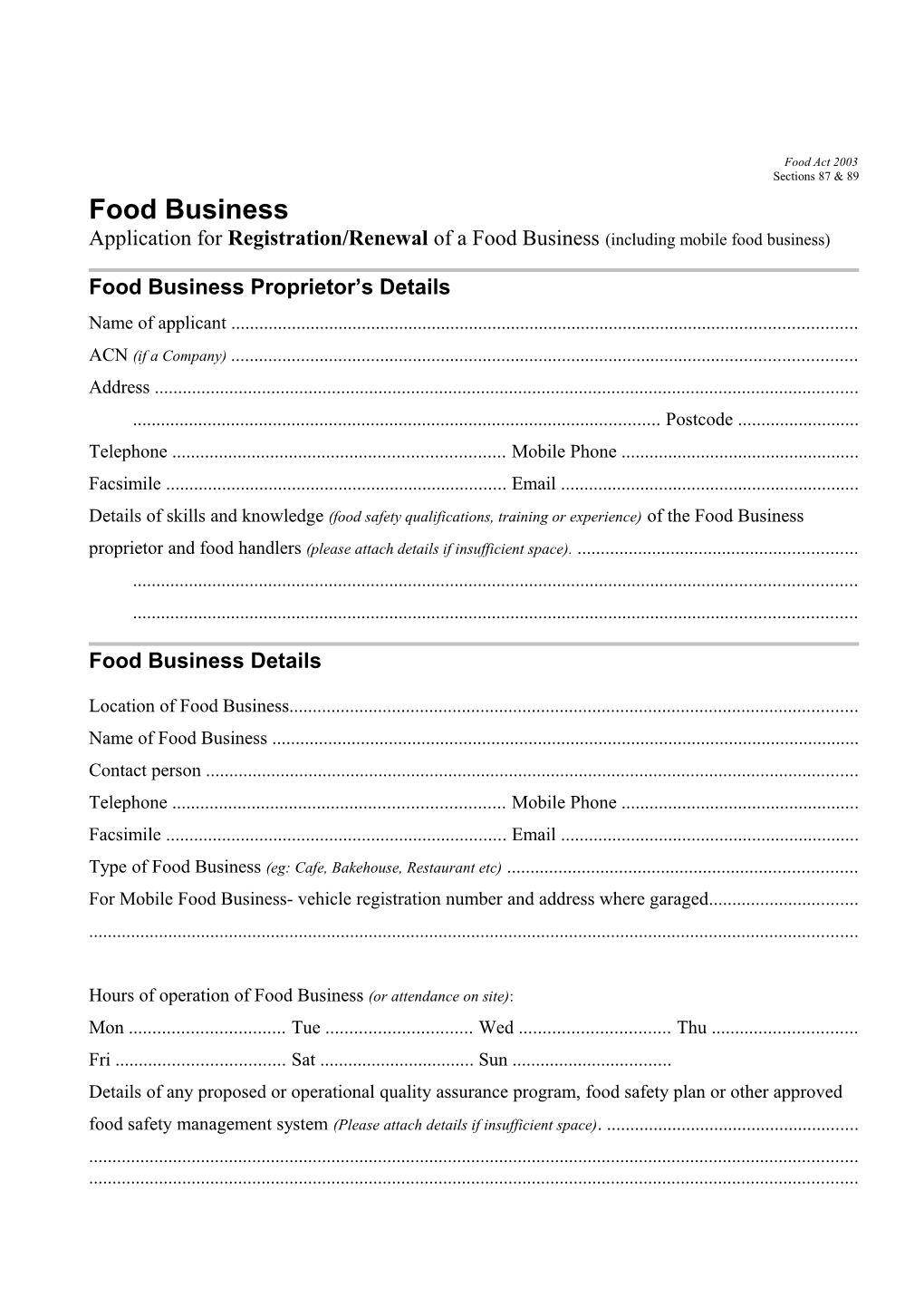 Application for Registration/Renewal of a Food Business (Including Mobile Food Business)