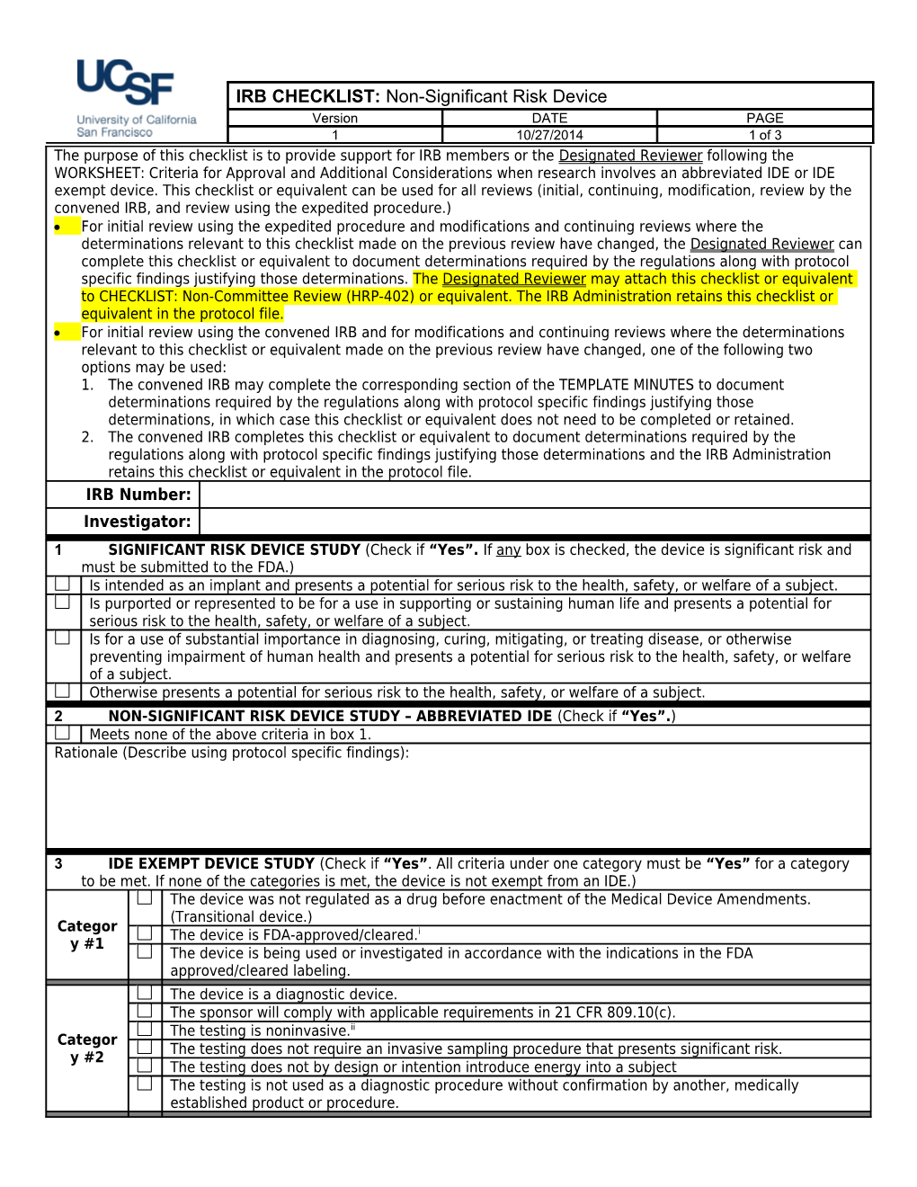 CHECKLIST: Non-Significant Risk Device