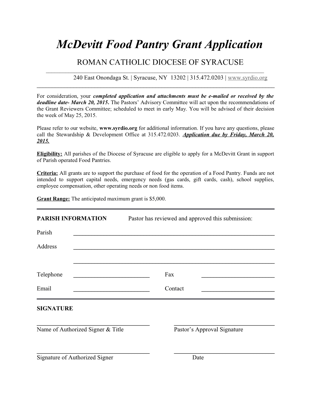 Mcdevitt Food Pantry Grant Application