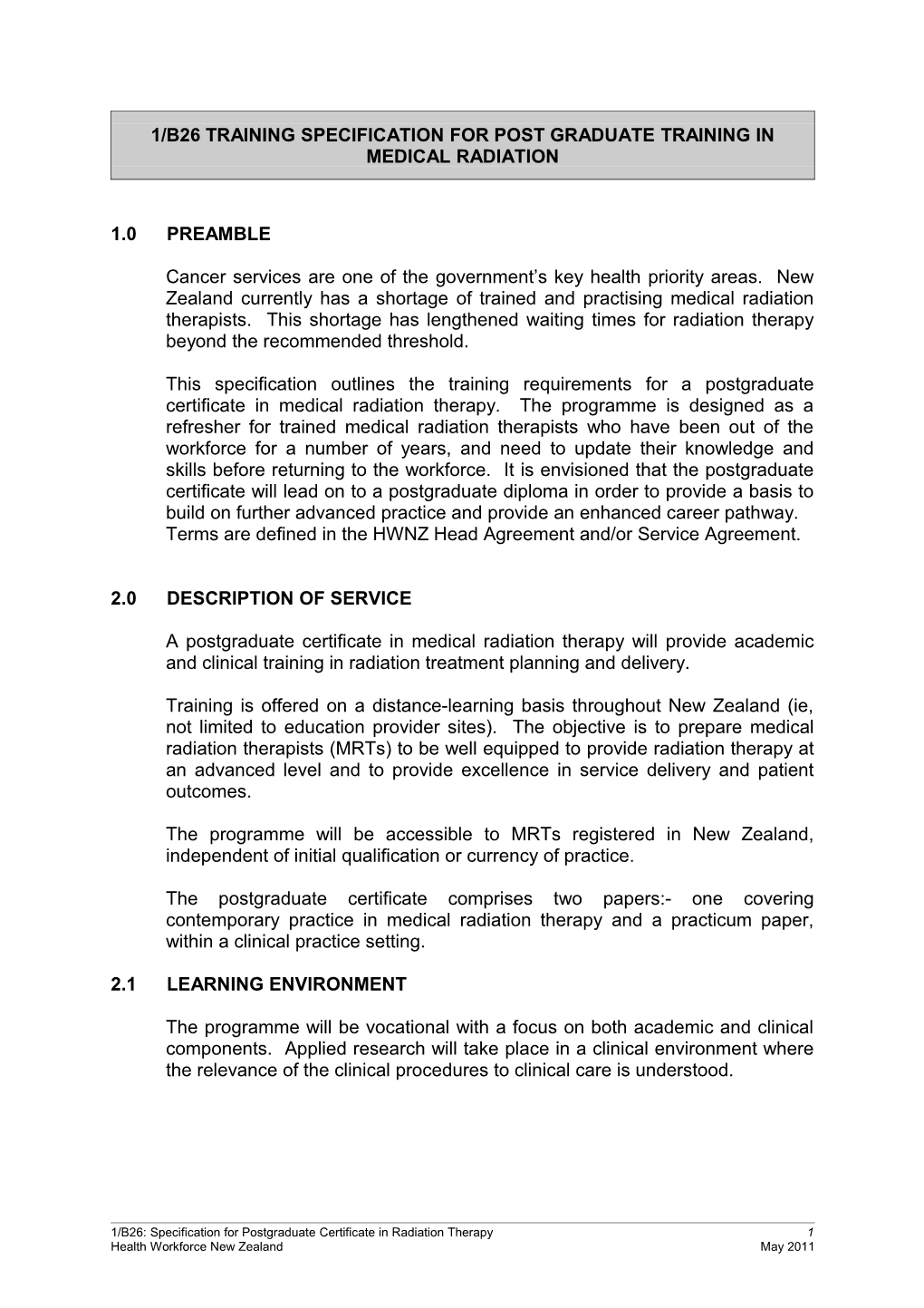 1/B26 Training Specification for Post Graduate Training in Medical Radiation