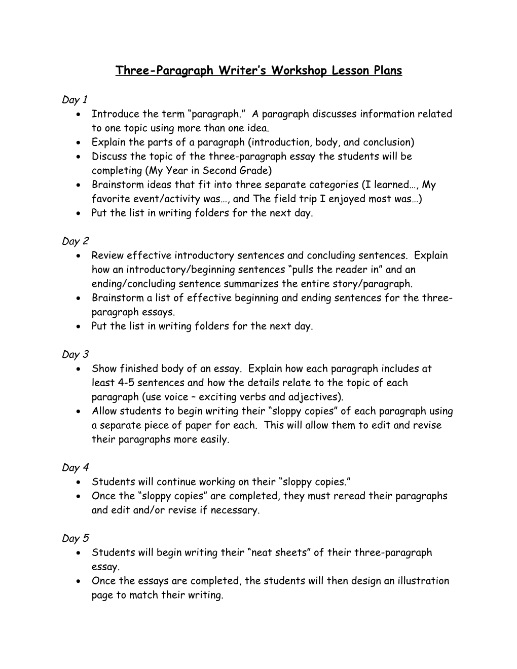 Three-Paragraph Writer’S Workshop Lesson Plans