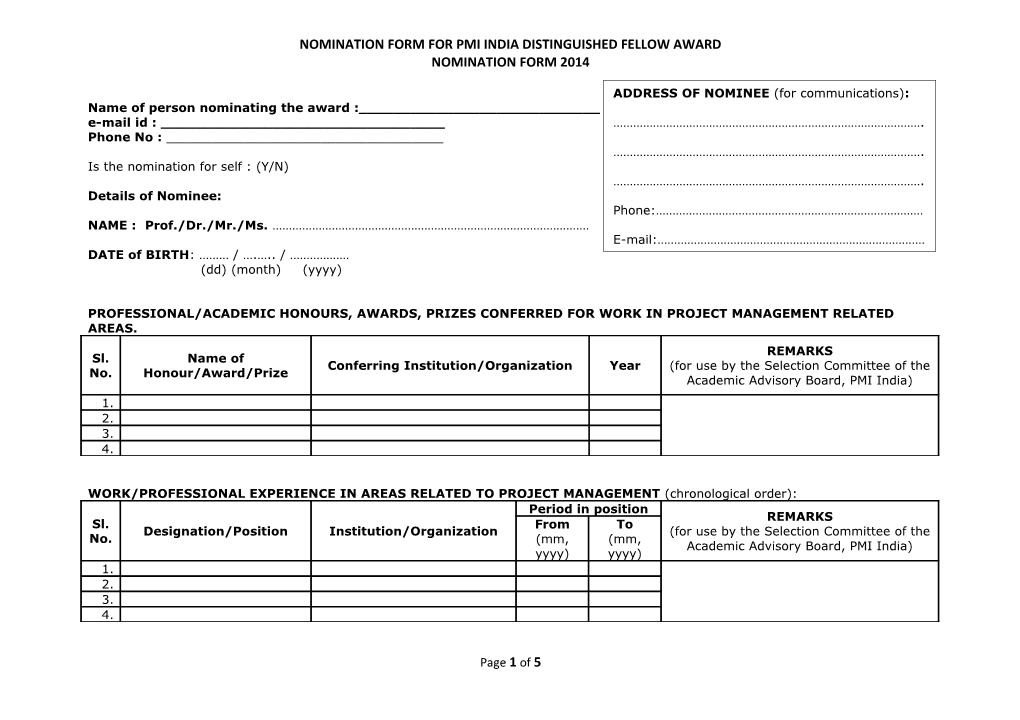 Nomination Form for Pmi India Distinguished Fellow Award