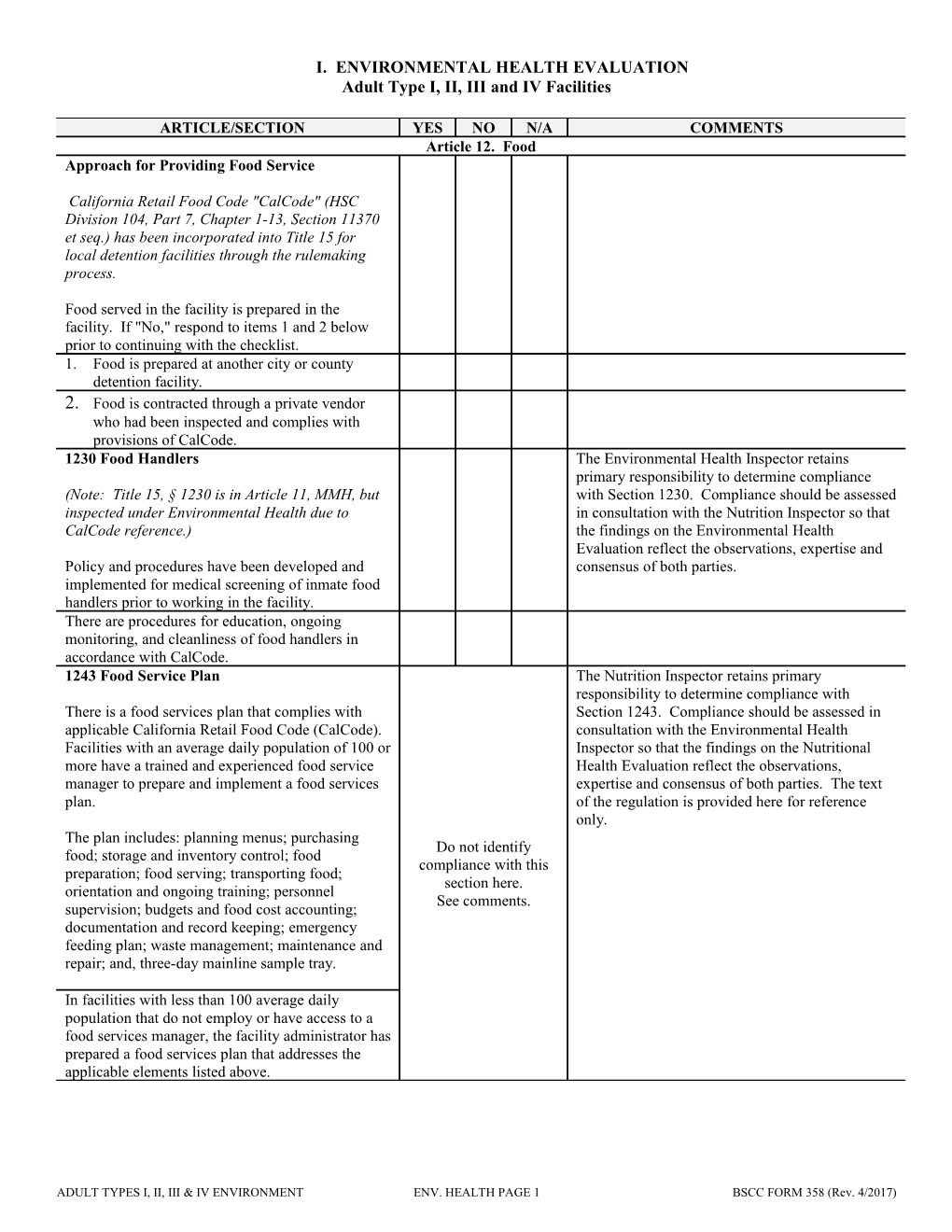 Adult Type I, II, III and IV Facilities