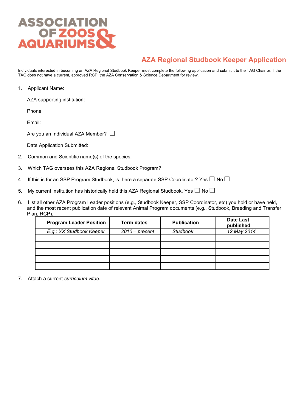 Application to Become an AZA Regional Studbook Keeper