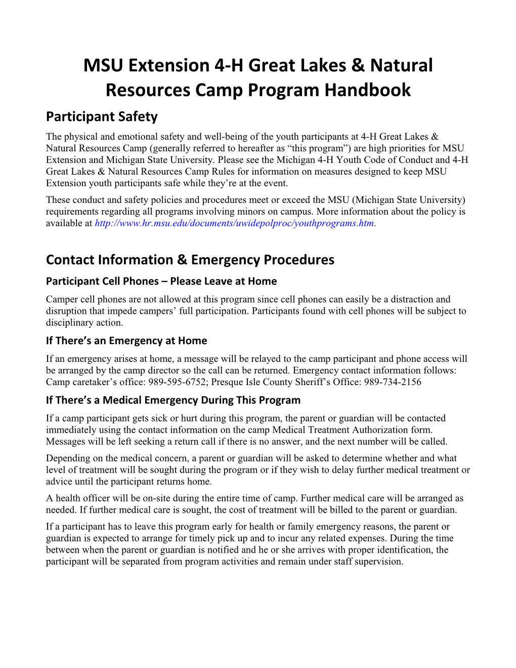 MSU Extension 4-H Great Lakes & Natural Resources Camp Program Handbook