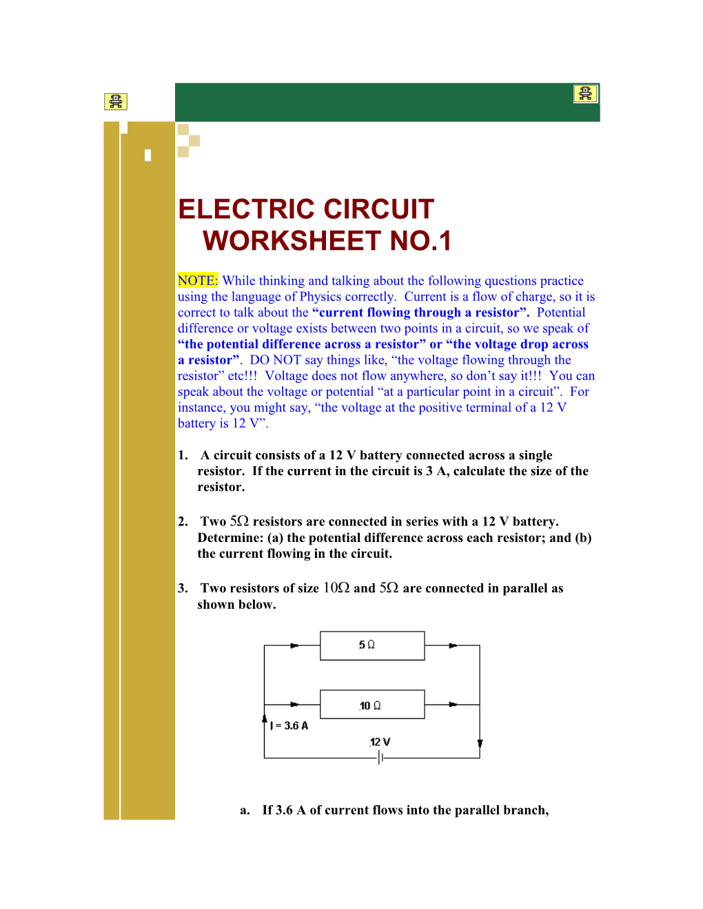 Electric Circuit Worksheet No.1