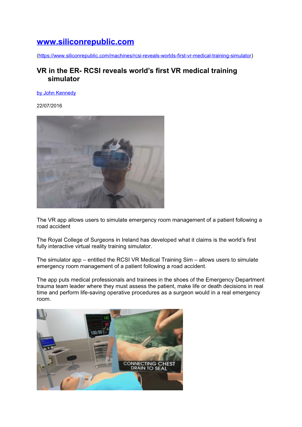 VR in the ER- RCSI Reveals World S First VR Medical Training Simulator