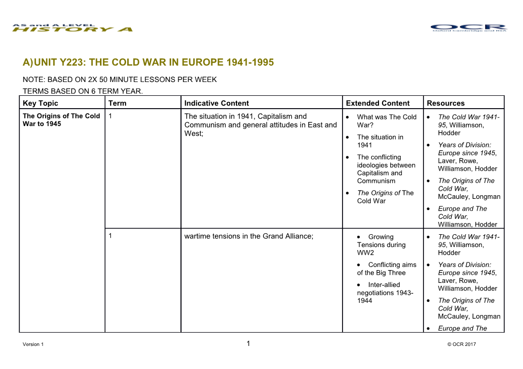 OCR a an AS History Unit Y223 Scheme of Work