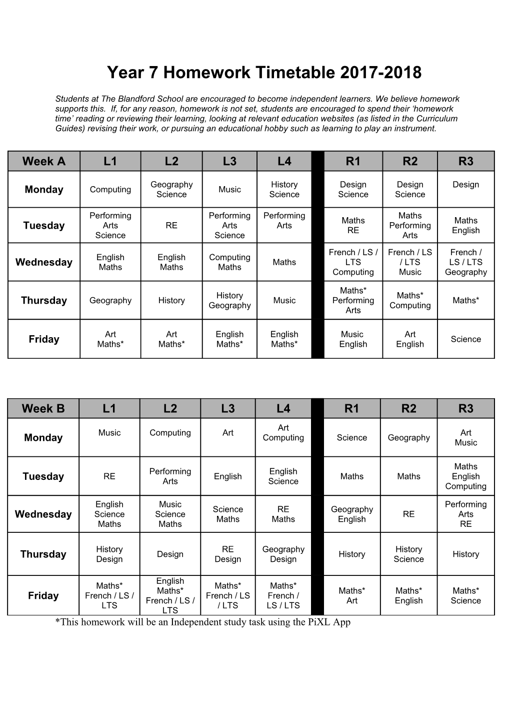 Year 7 Homework Timetable