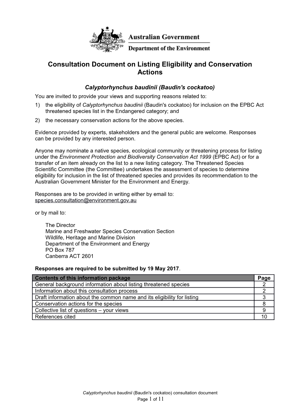 Consultation Document on Listing Eligibility and Conservation Actions Calyptorhynchus Baudinii