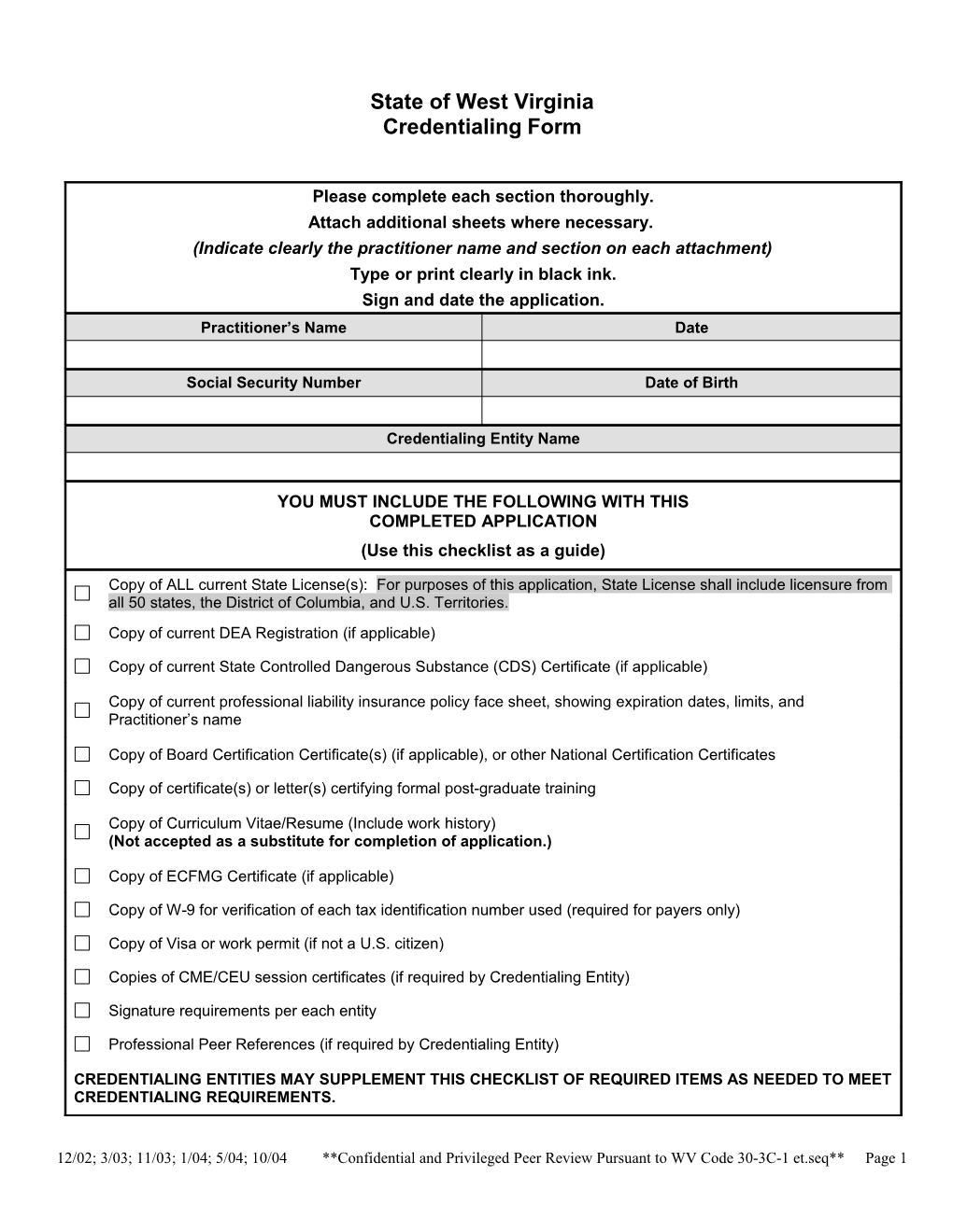 West Virginia Standardized Credentialing Form