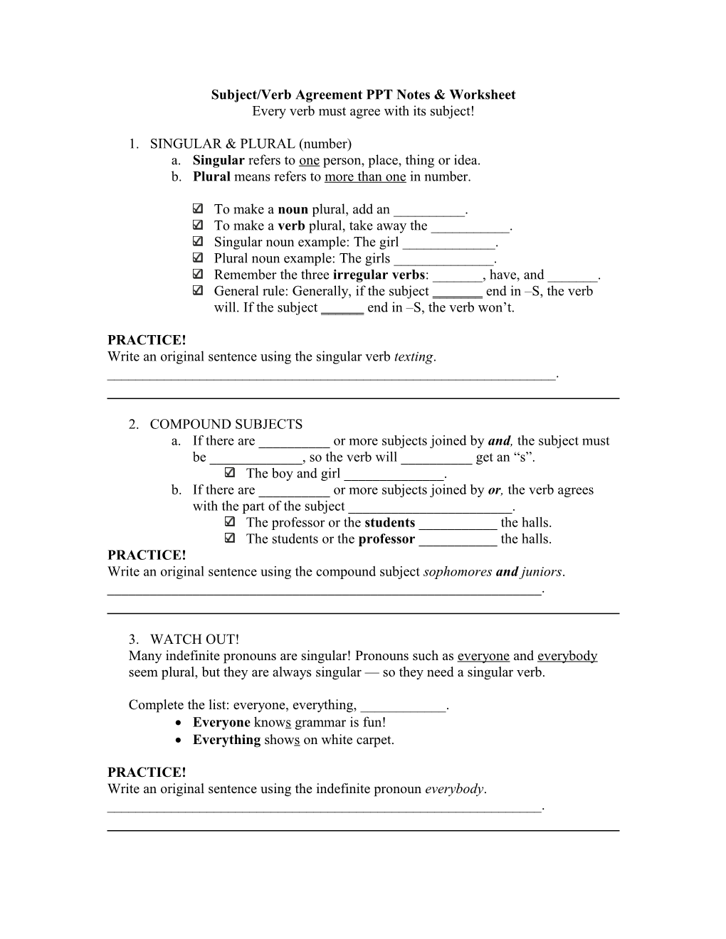 Subject/Verb Agreement PPT Notes & Worksheet