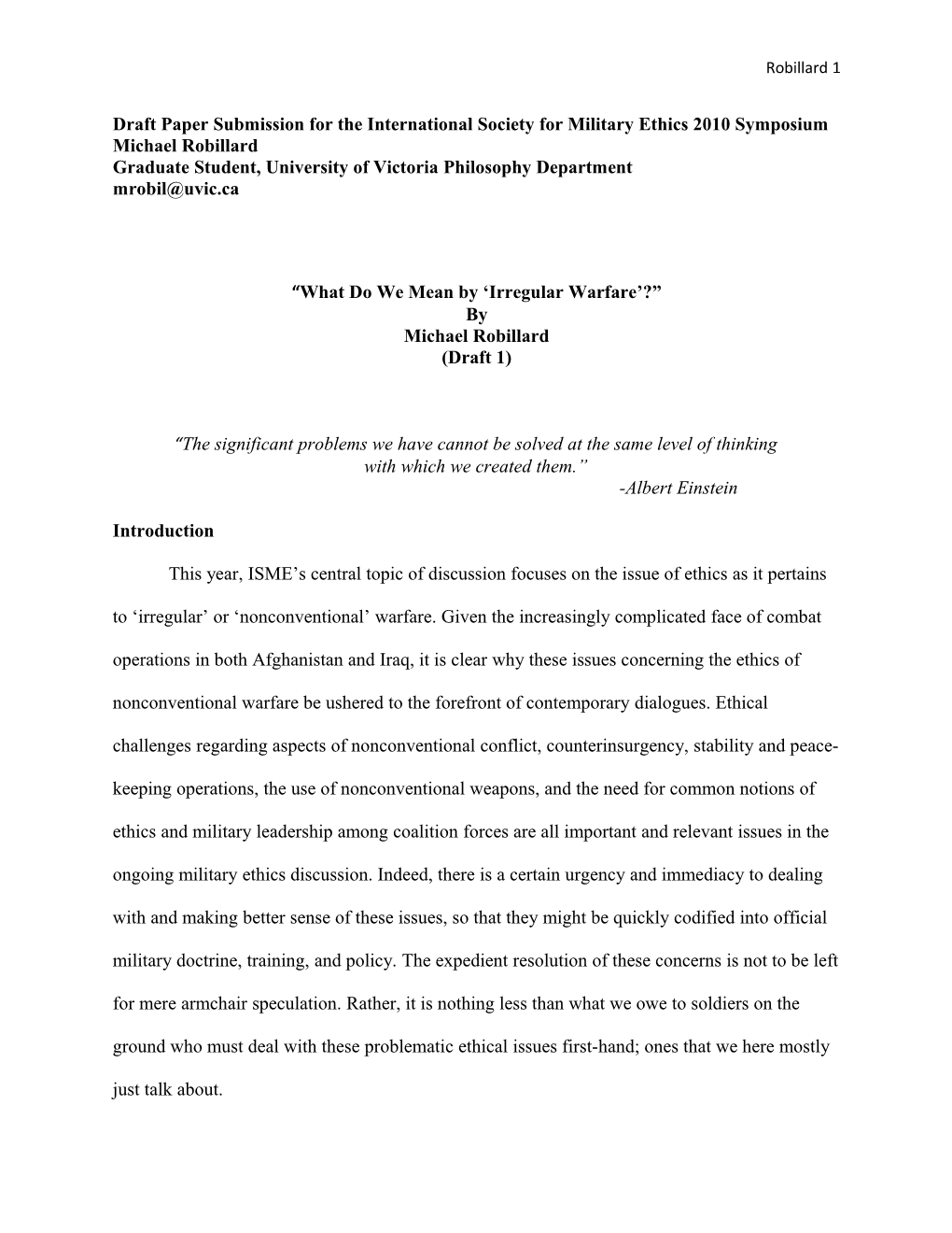 Draft Paper Submission For The International Society For Military Ethics 2010 Symposium