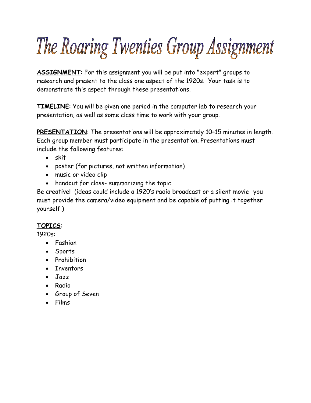 The Roaring Twenties Group Assignment