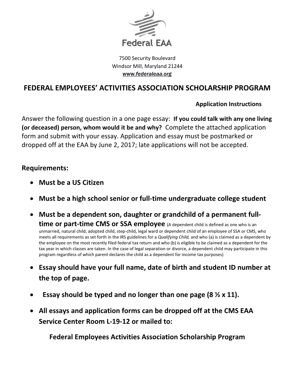 Federal Employees Activities Association Scholarship Program
