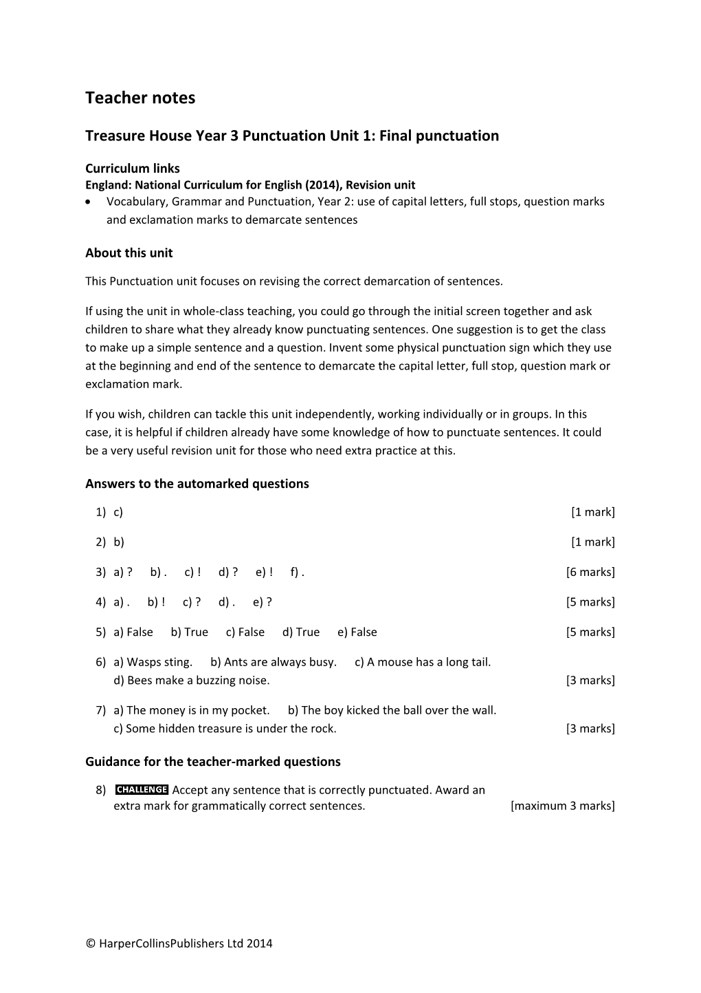 Treasure House Year 3 Punctuation Unit 1: Final Punctuation