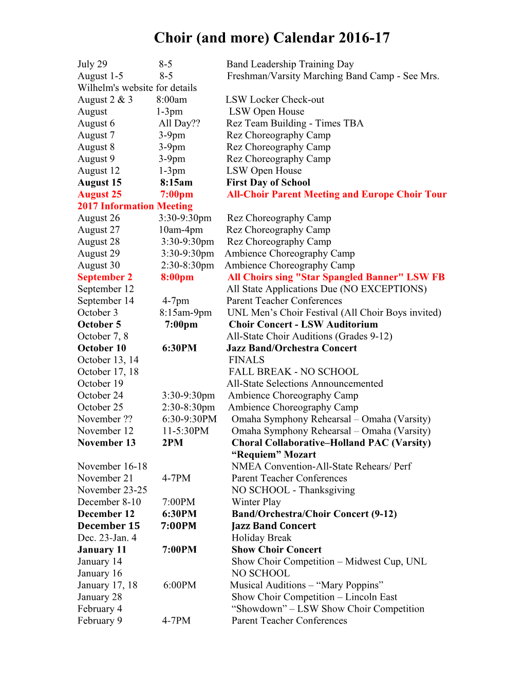Choir (And More) Calendar 2013-14