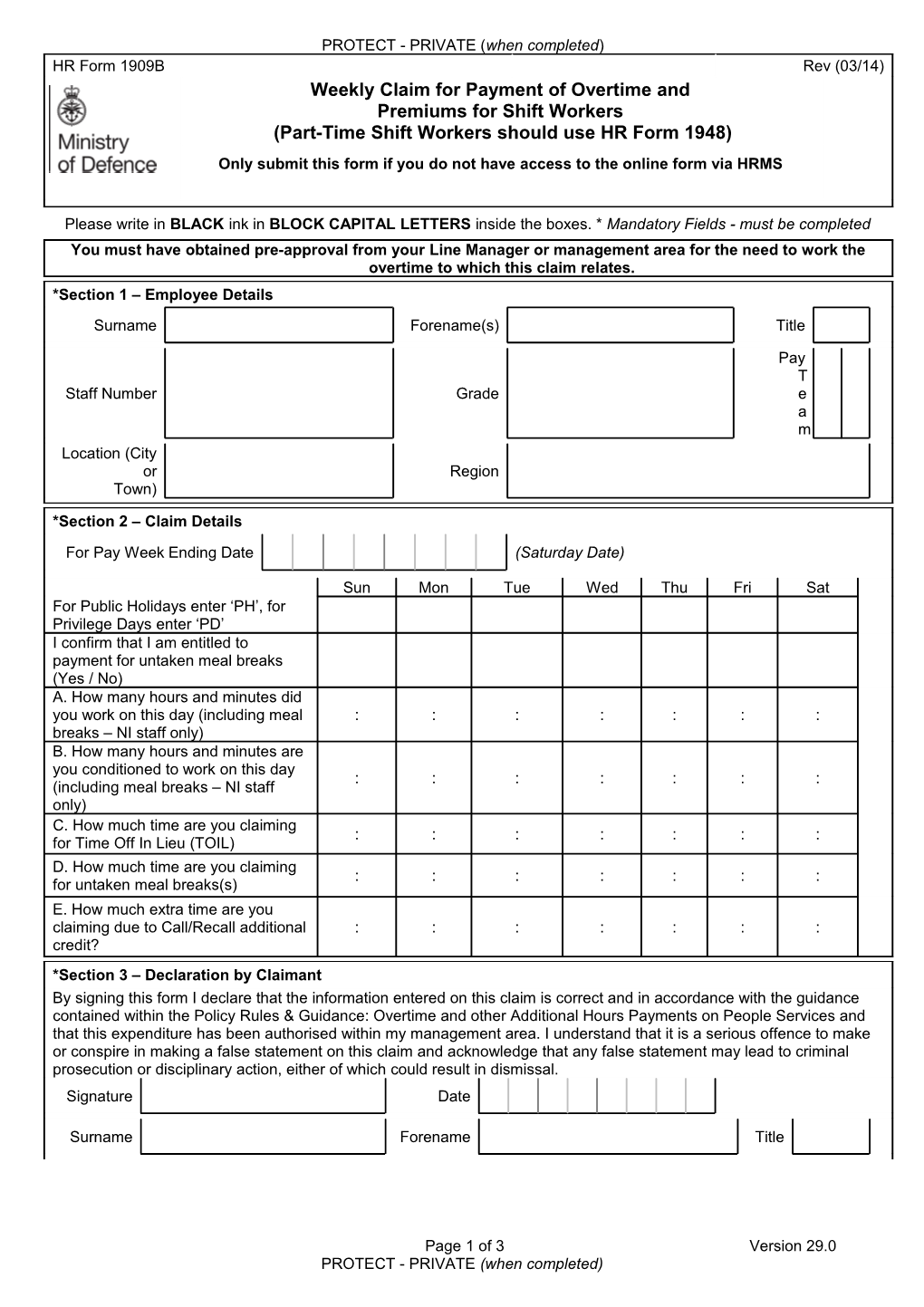HR Form 1909B: Weekly Claim for Payment of Overtime and Premiums for Shift Workers (Part-Time