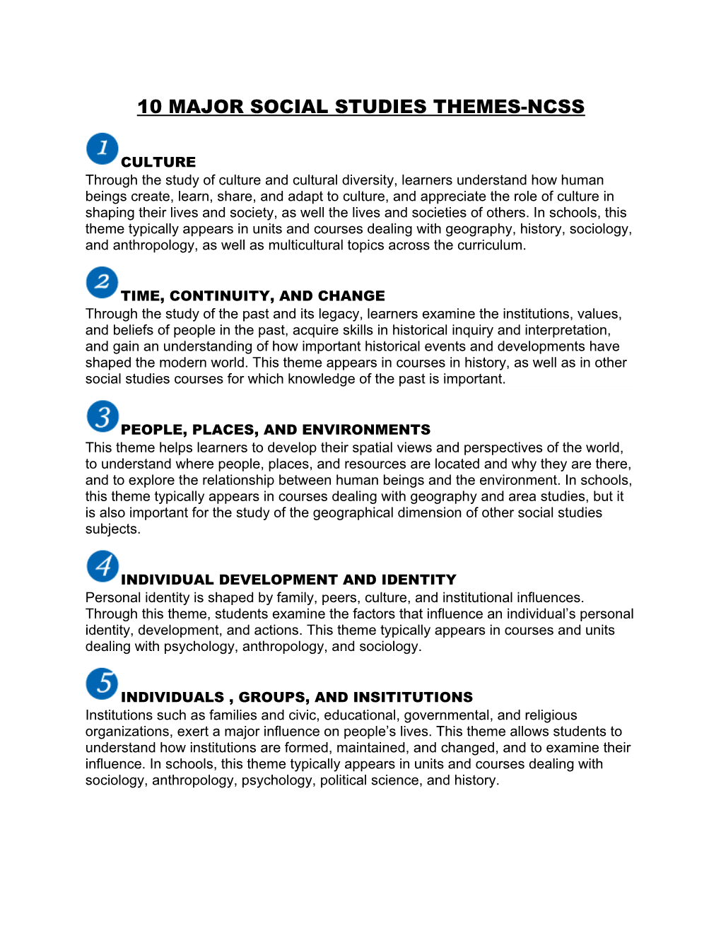 10 Major Social Studies Themes