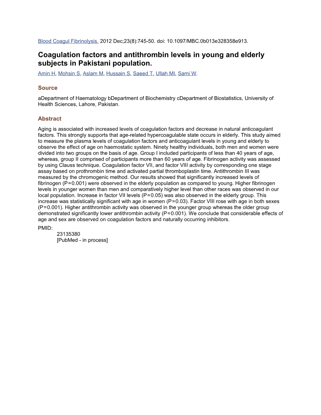 Coagulation Factors and Antithrombin Levels in Young and Elderly Subjects in Pakistani