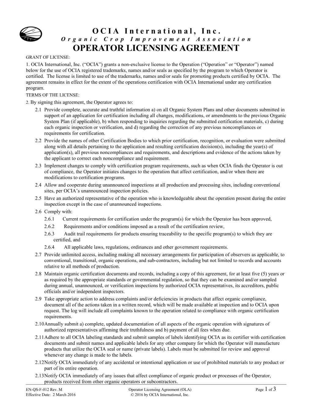 Operator Licensing Agreement