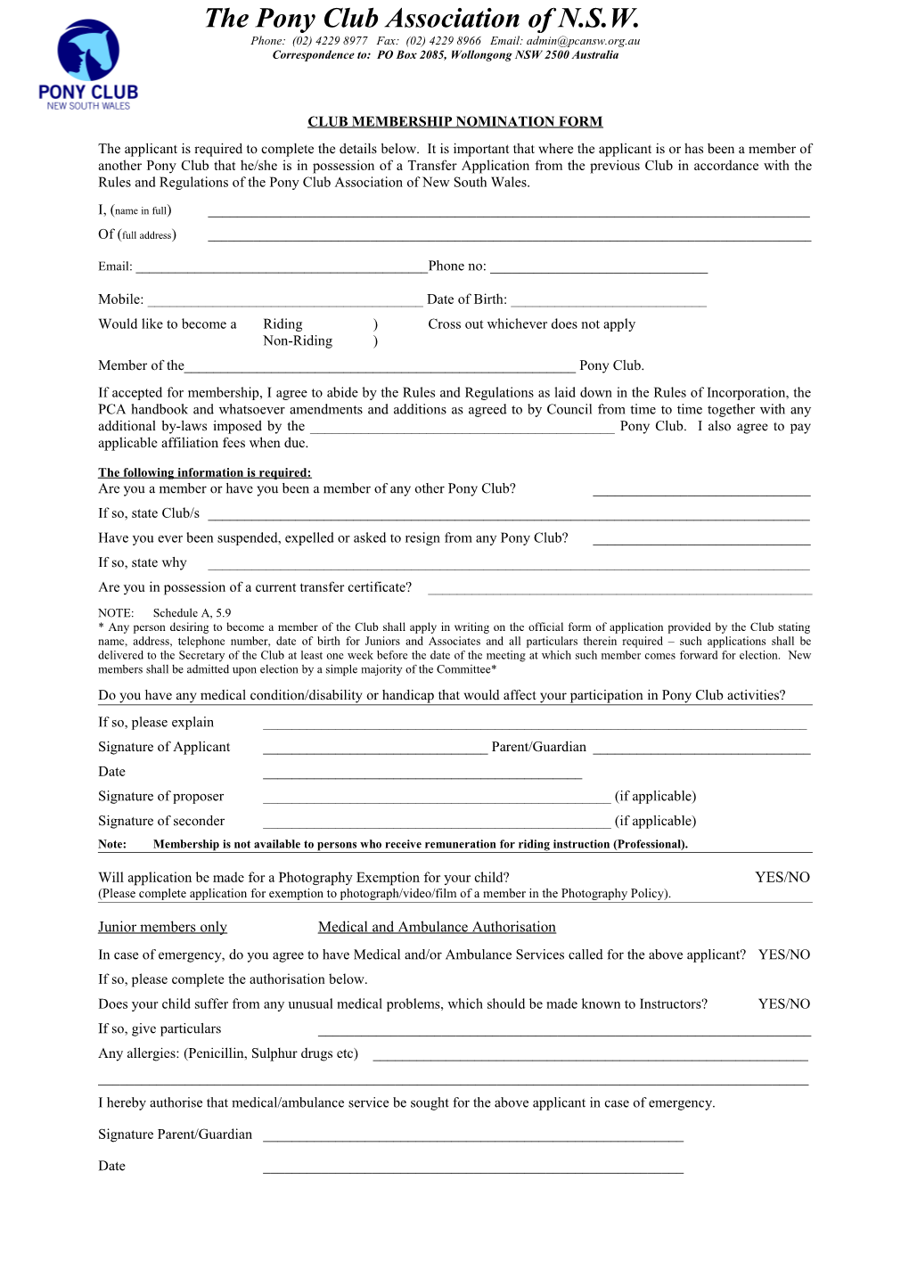 Club Membership Nomination Form