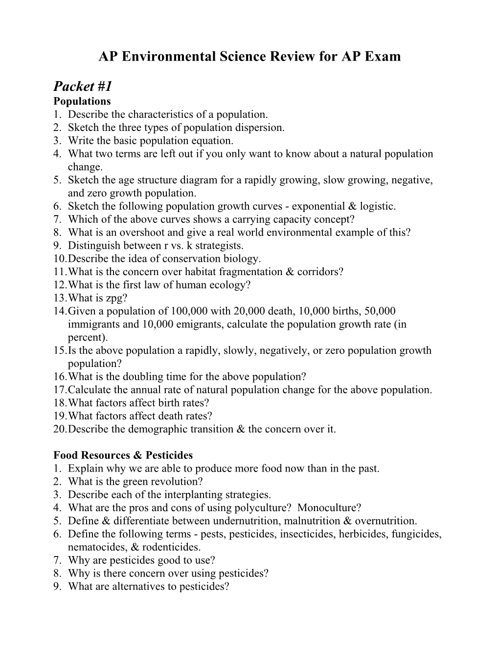 AP Environmental Science Review for AP Exam