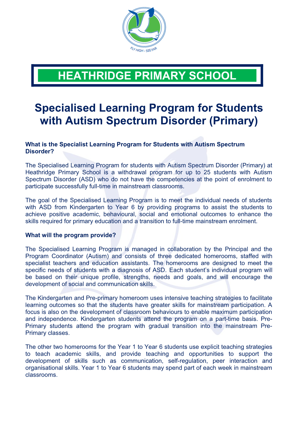 Specialised Learning Program for Students with Autism Spectrum Disorder (Primary)