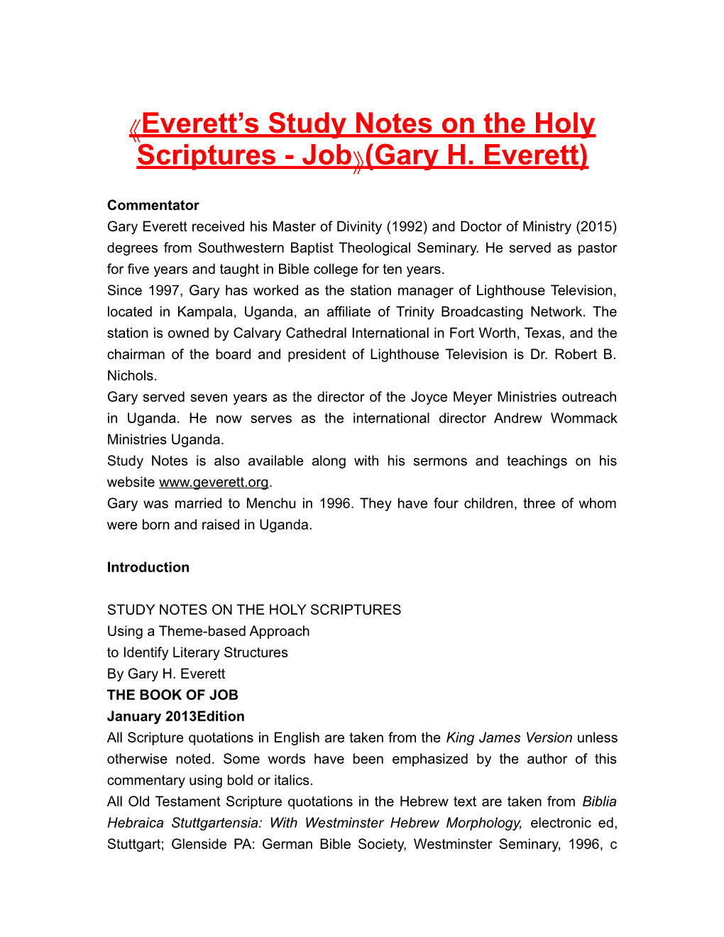 Everett S Study Notes on the Holy Scriptures - Job (Gary H. Everett)