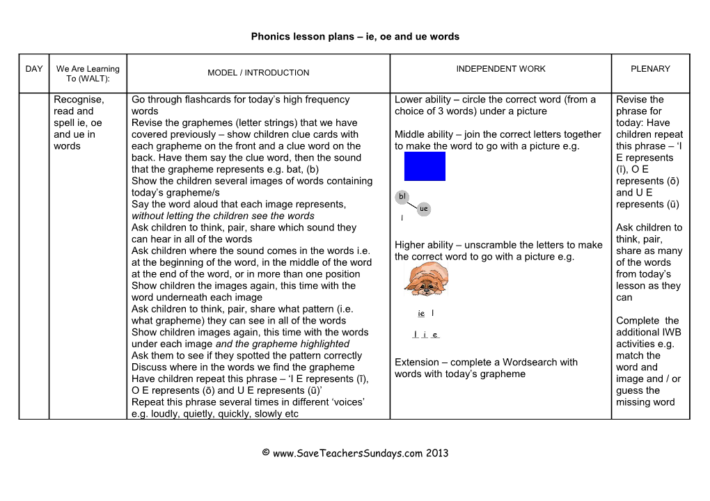 Ie, Oe and Ue Lesson Plan