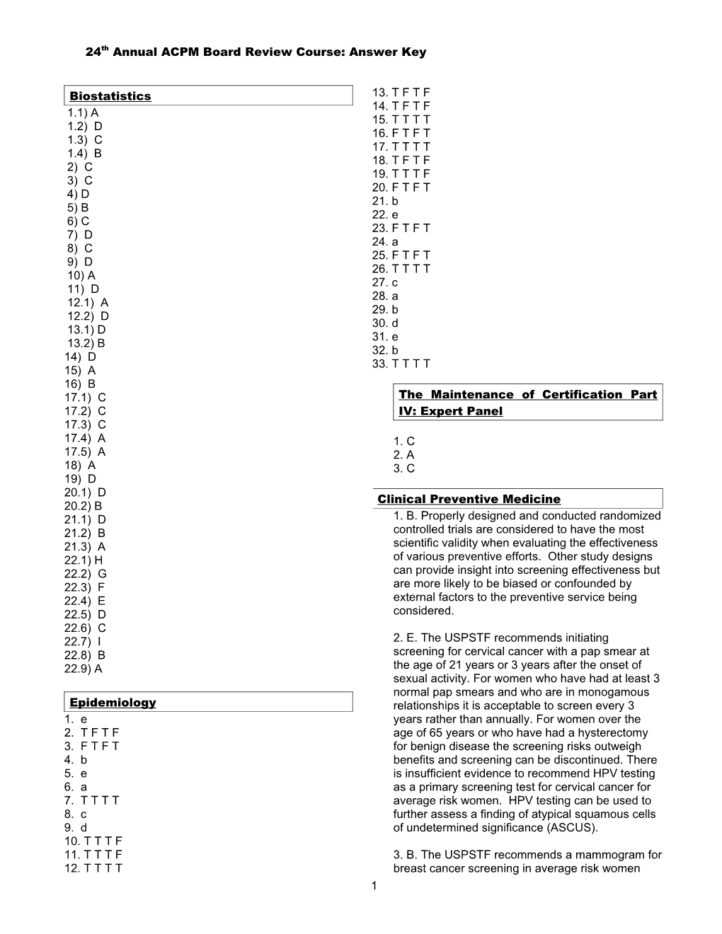 24Th Annual ACPM Board Review Course: Answer Key