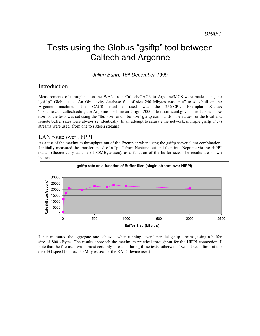 Tests Using the Globus Gsiftp Tool Between Caltech and Argonne