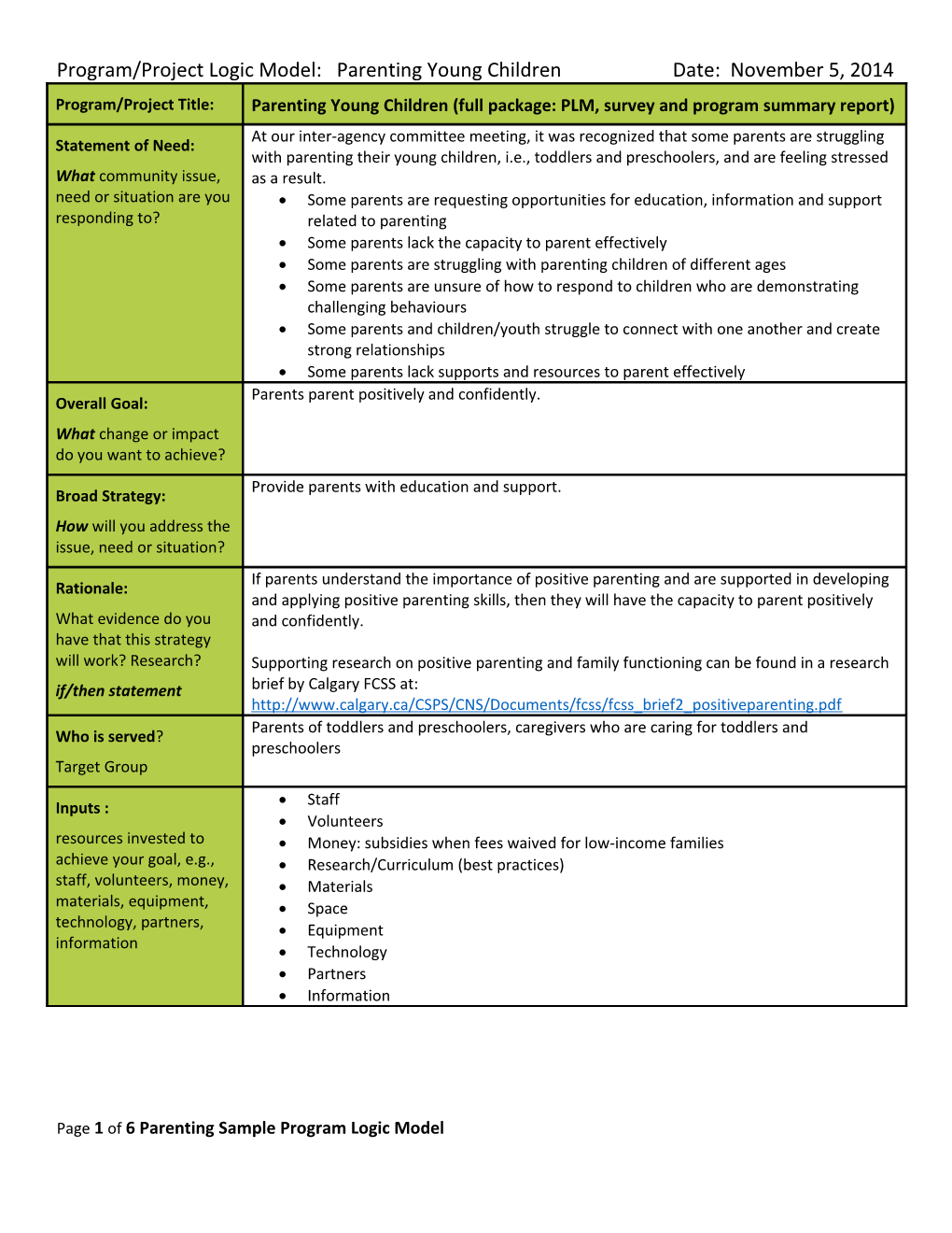 Program/Project Logic Model: Parenting Young Childrendate: November 5, 2014