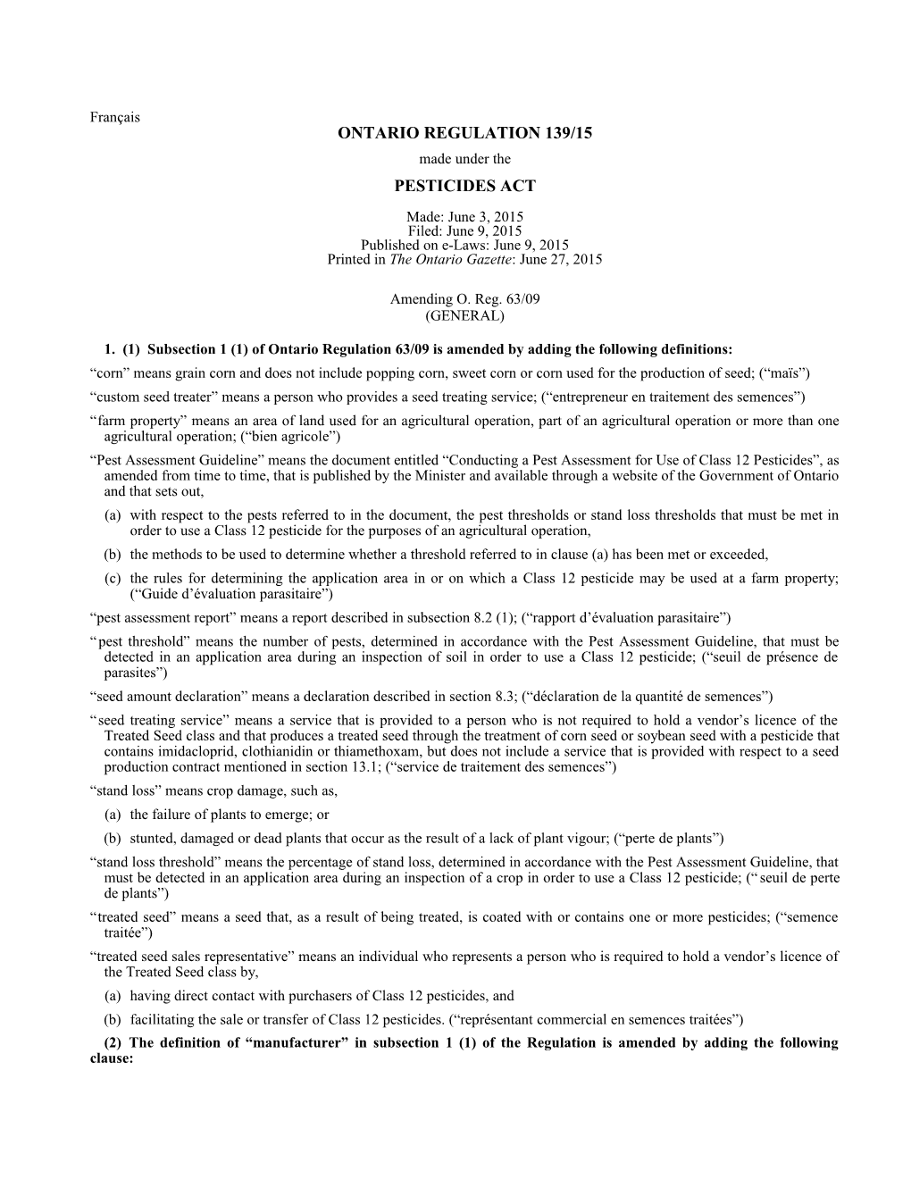 PESTICIDES ACT - O. Reg. 139/15