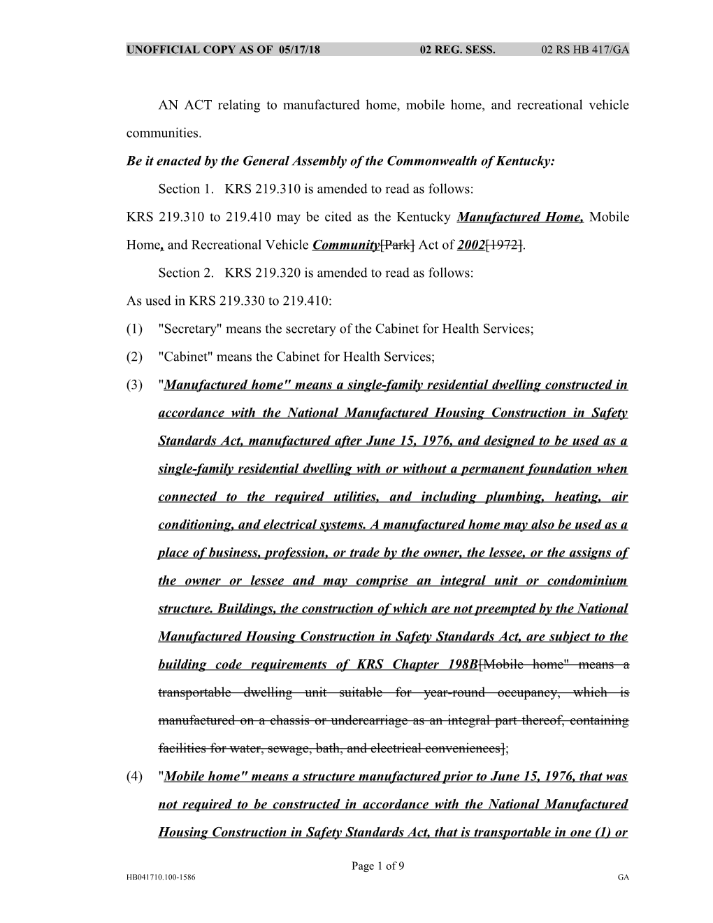 AN ACT Relating to Manufactured Home, Mobile Home, and Recreational Vehicle Communities