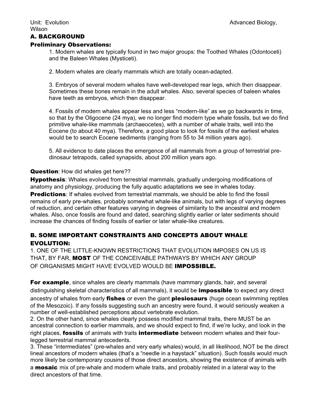 Unit: Evolution Advanced Biology, Wilson