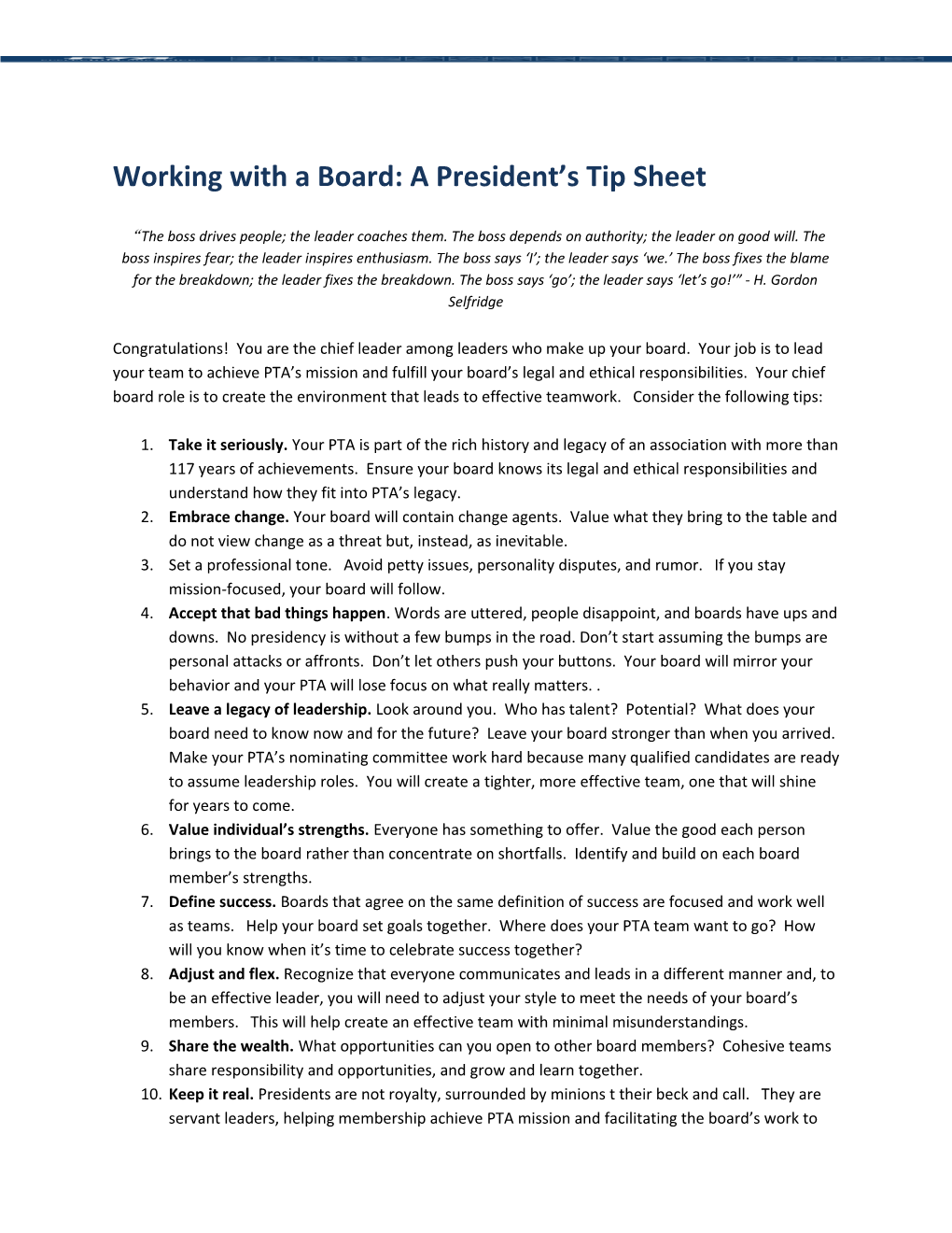 Working with a Board: a President S Tip Sheet