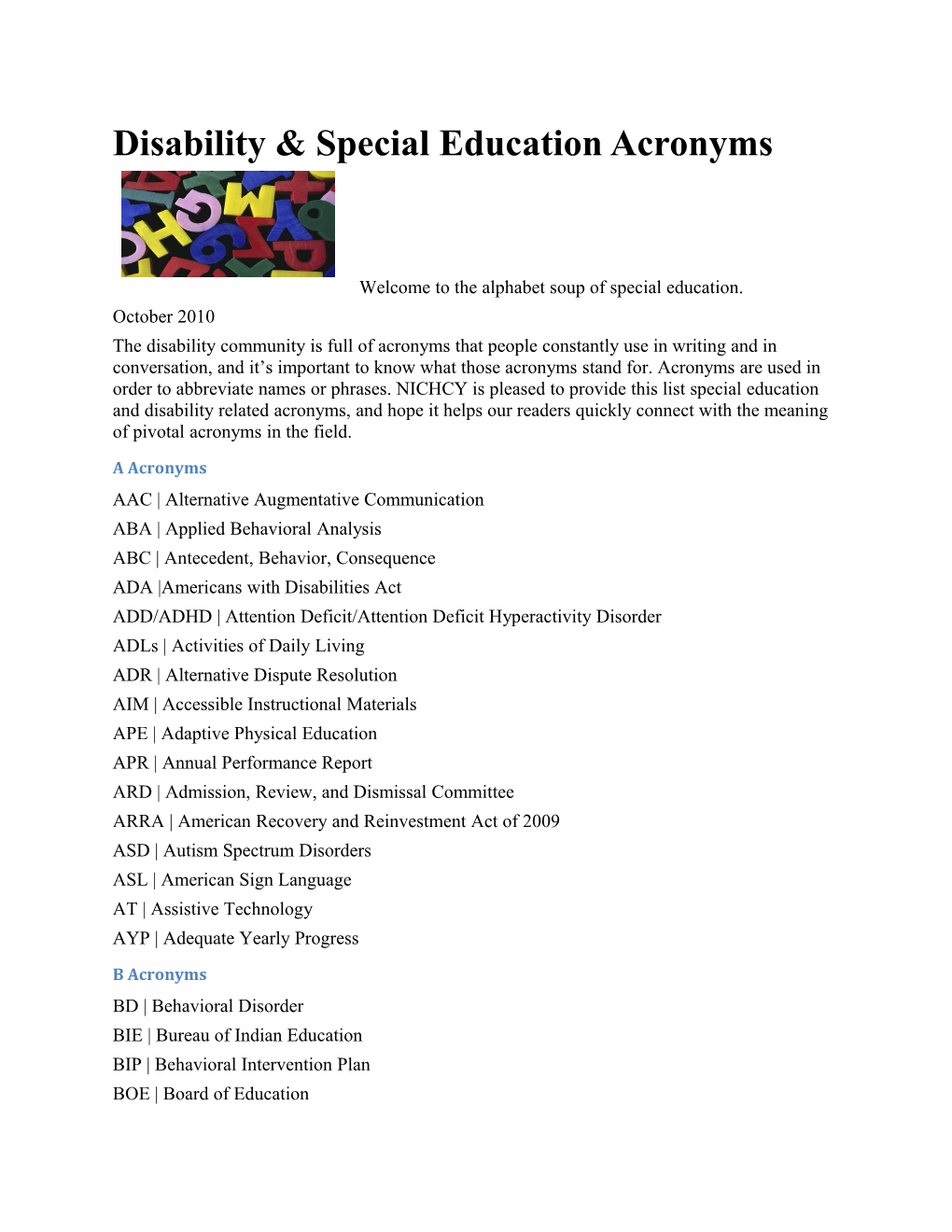 Disability & Special Education Acronyms