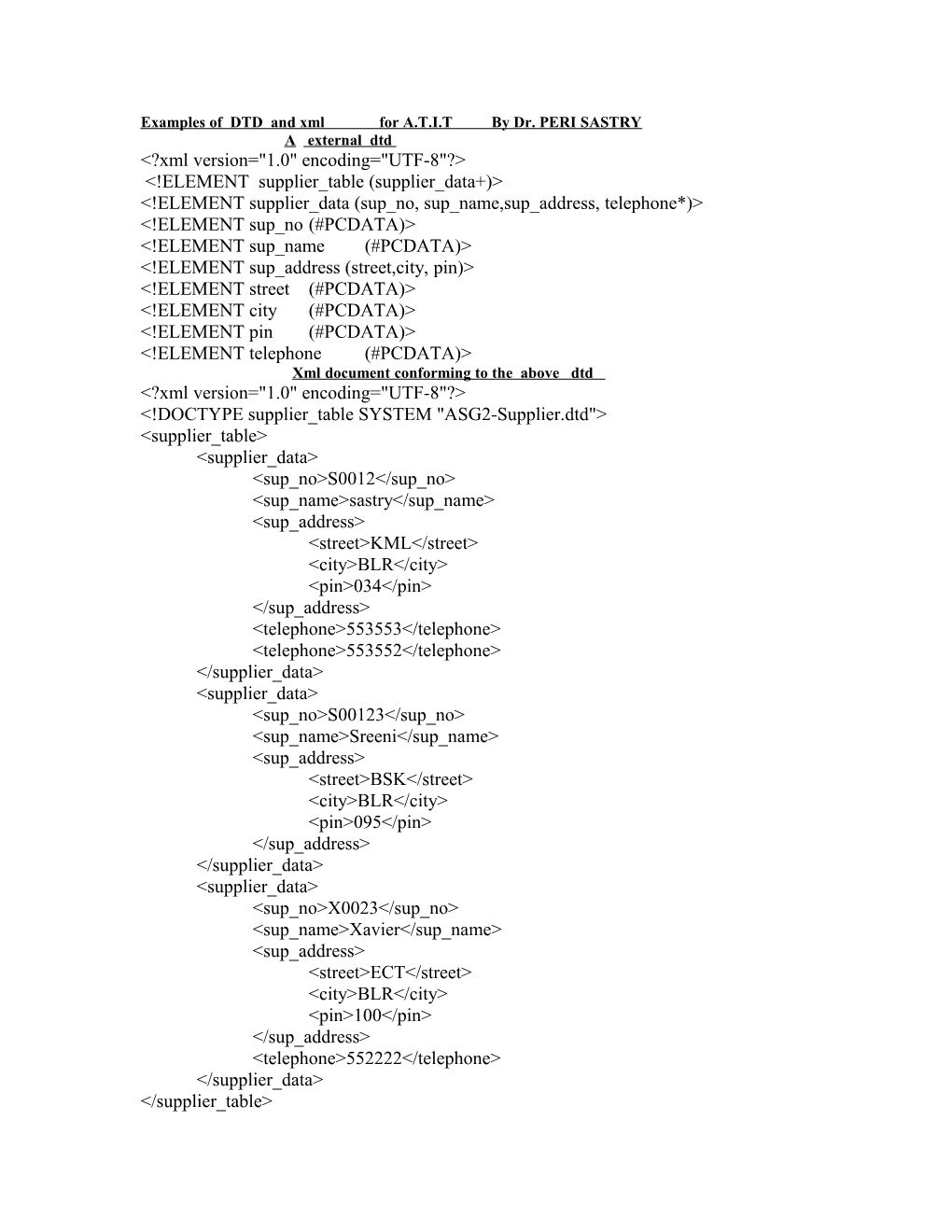 Examples of DTD and Xml for A