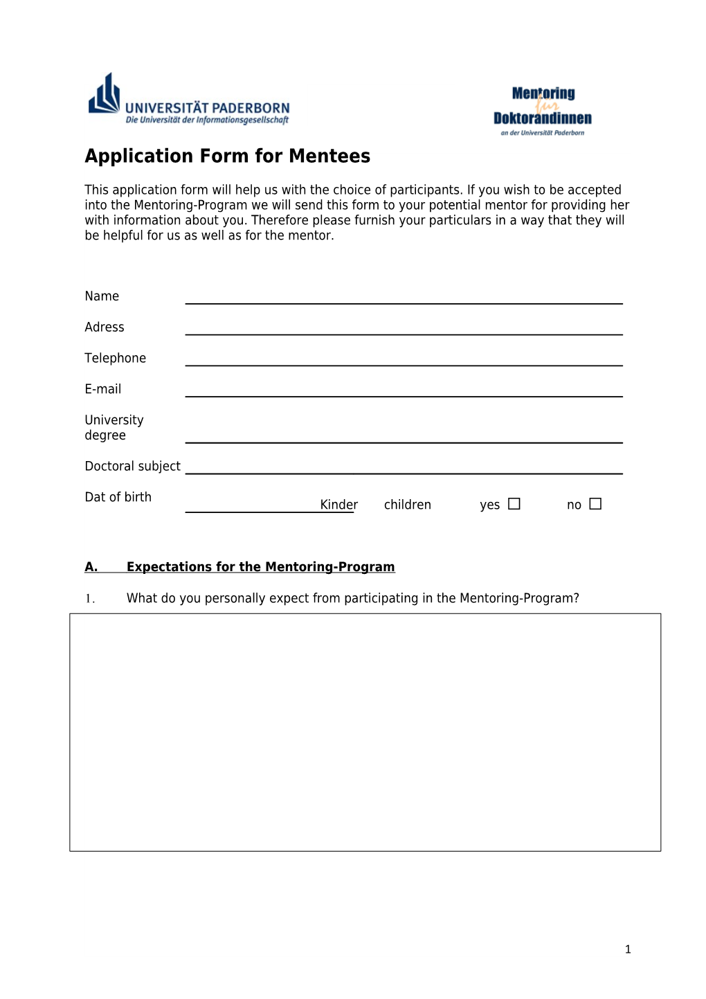Application Form for Mentees