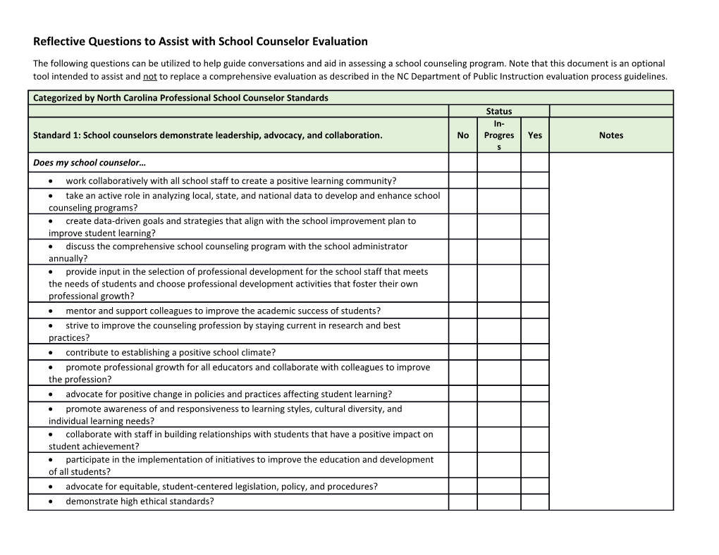 Reflective Questions to Assist with School Counselor Evaluation