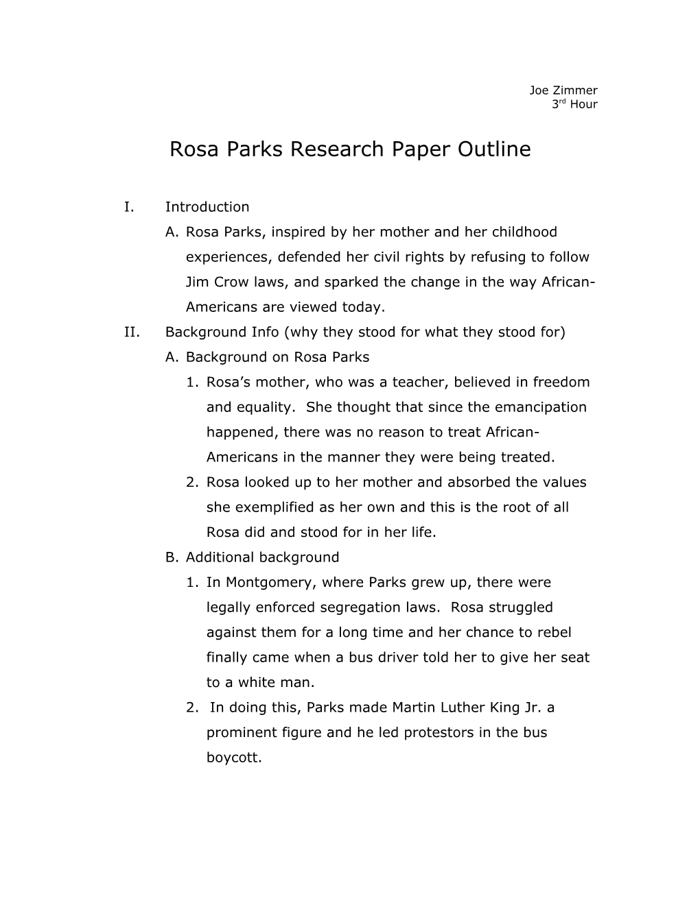 Rosa Parks Research Paper Outline
