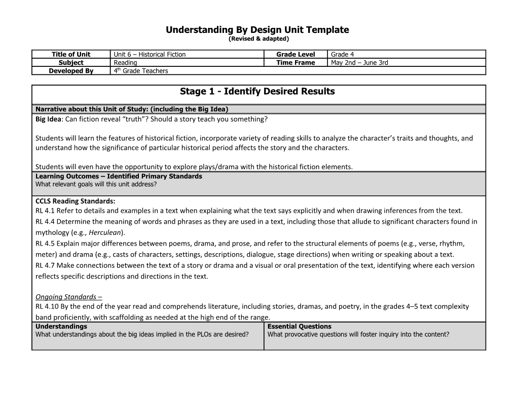 Understanding by Design Unit Template s19